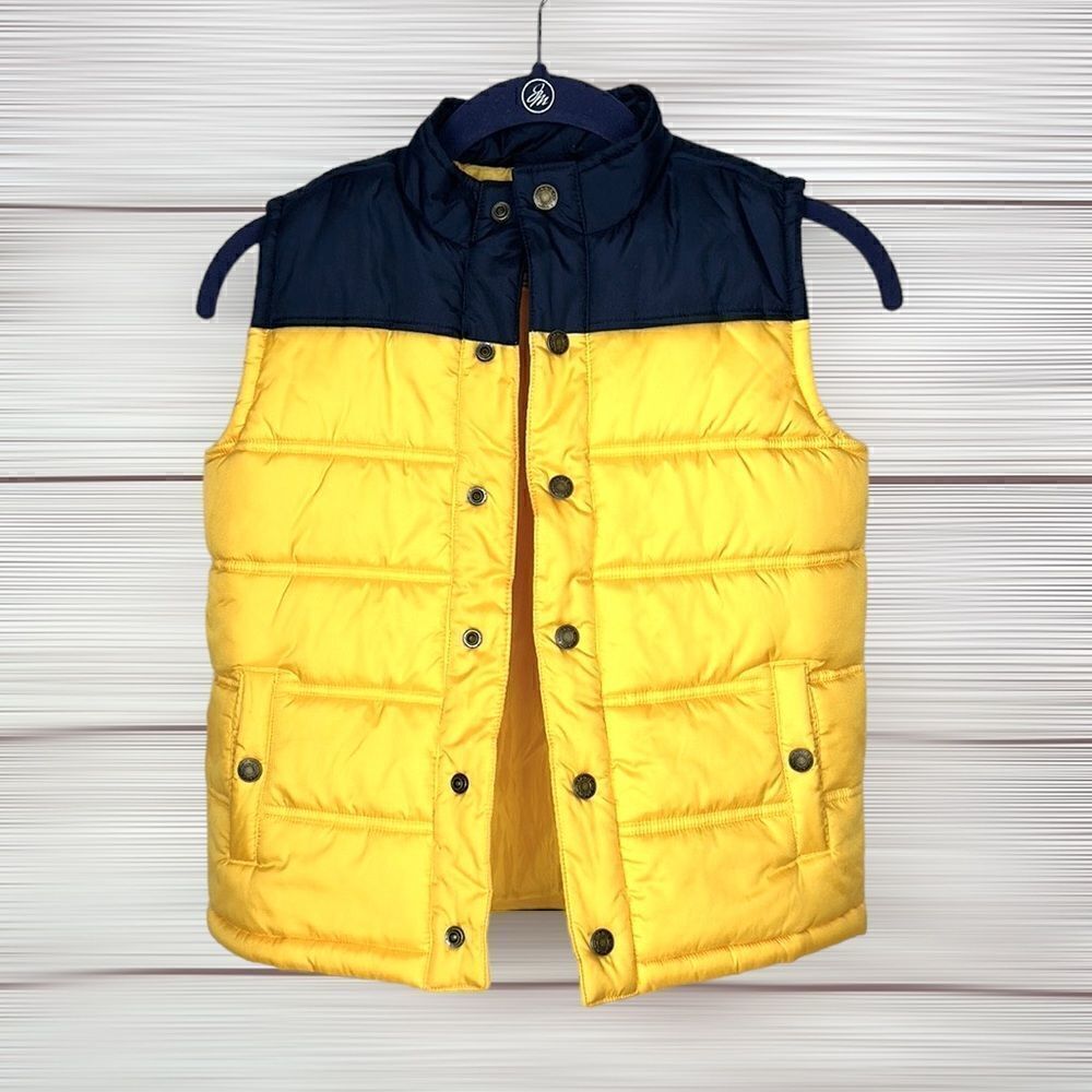 Janie and Jack Boys Girls Puffer Vest Yellow Navy Blue Snaps Front Pockets 5-6